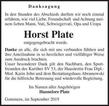 Traueranzeige von Horst Plate  von Magdeburger Volksstimme