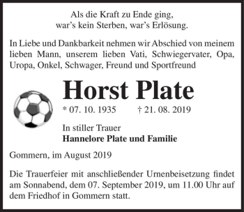 Traueranzeige von Horst Plate  von Magdeburger Volksstimme