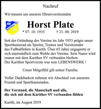 Traueranzeige von Horst Plate  von Magdeburger Volksstimme