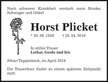 Traueranzeige von Horst Plicket  von Magdeburger Volksstimme