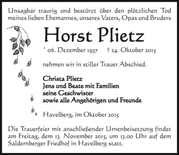 Traueranzeige von Horst Plietz  von Magdeburger Volksstimme
