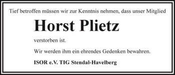 Traueranzeige von Horst Plietz  von Magdeburger Volksstimme