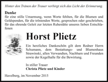 Traueranzeige von Horst Plietz  von Magdeburger Volksstimme
