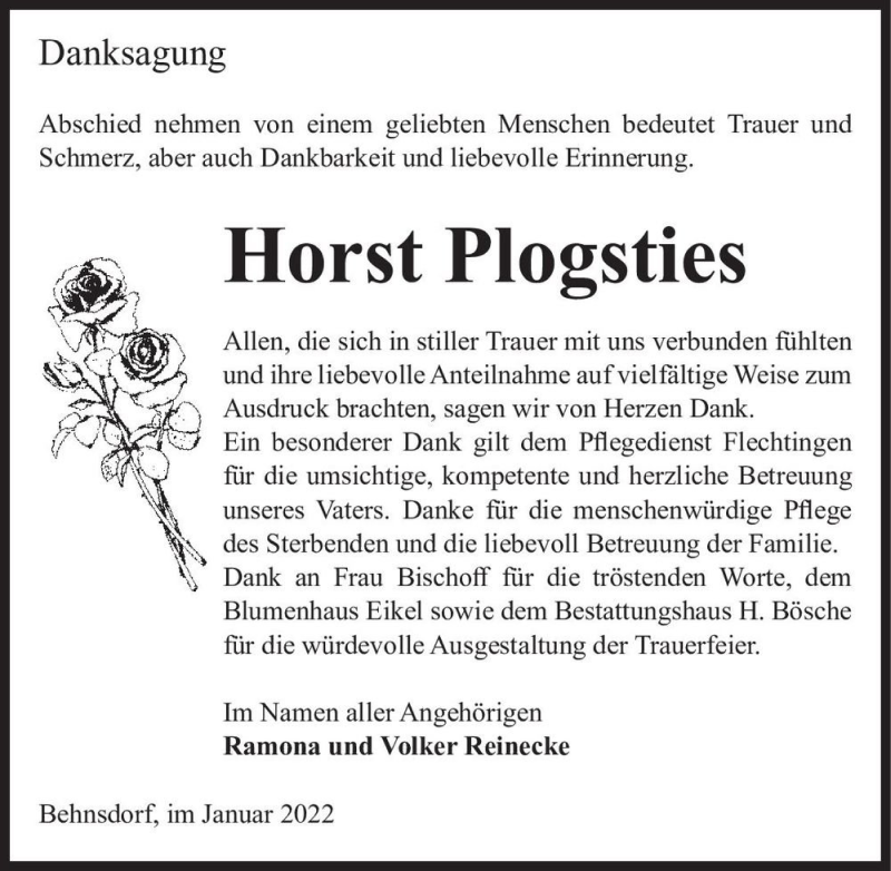  Traueranzeige für Horst Plogsties  vom 04.01.2022 aus Magdeburger Volksstimme