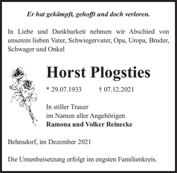 Traueranzeige von Horst Plogsties  von Magdeburger Volksstimme