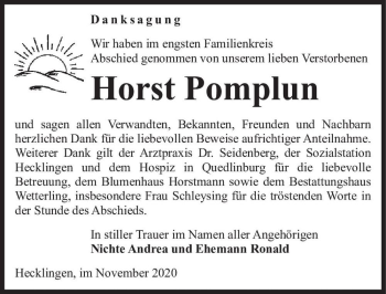 Traueranzeige von Horst Pomplun  von Magdeburger Volksstimme