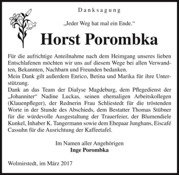Traueranzeige von Horst Porombka  von Magdeburger Volksstimme