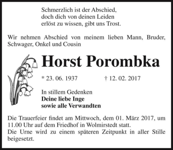 Traueranzeige von Horst Porombka  von Magdeburger Volksstimme