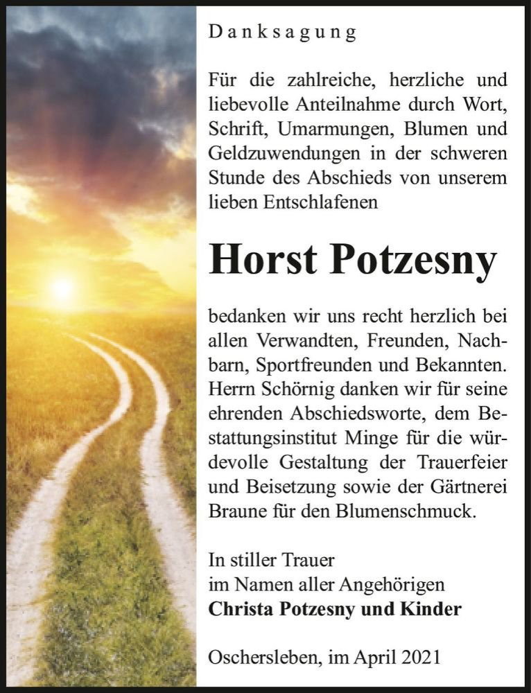  Traueranzeige für Horst Potzesny  vom 24.04.2021 aus Magdeburger Volksstimme