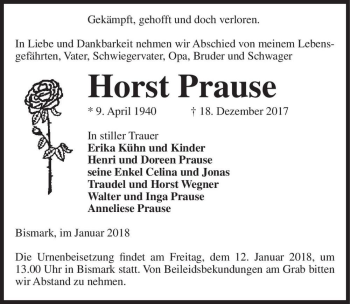 Traueranzeige von Horst Prause  von Magdeburger Volksstimme
