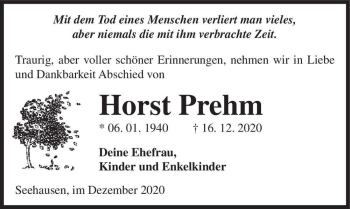 Traueranzeige von Horst Prehm  von Magdeburger Volksstimme