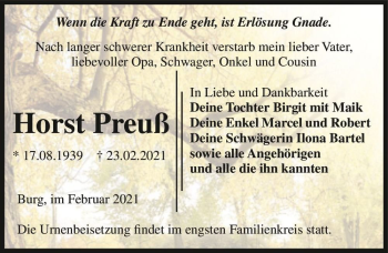 Traueranzeige von Horst Preuß  von Magdeburger Volksstimme