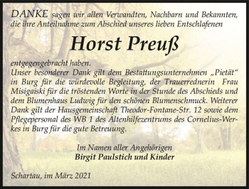 Traueranzeige von Horst Preuß  von Magdeburger Volksstimme
