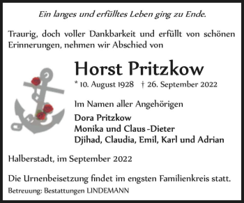 Traueranzeige von Horst Pritzkow  von Magdeburger Volksstimme