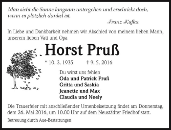 Traueranzeige von Horst Pruß  von Magdeburger Volksstimme