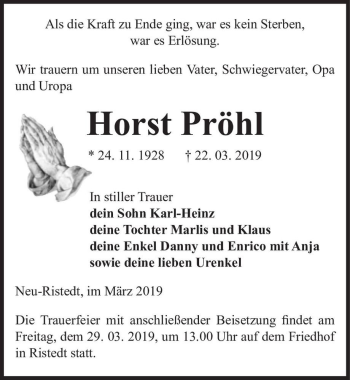 Traueranzeige von Horst Pröhl  von Magdeburger Volksstimme
