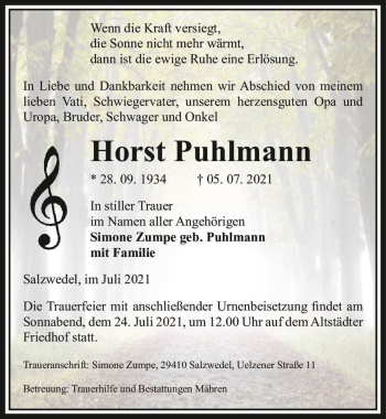Traueranzeige von Horst Puhlmann  von Magdeburger Volksstimme
