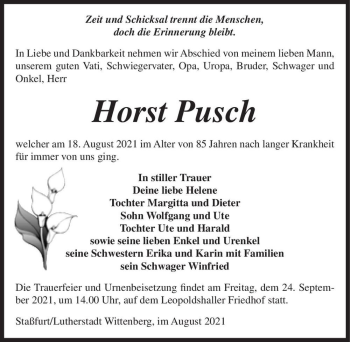 Traueranzeige von Horst Pusch  von Magdeburger Volksstimme
