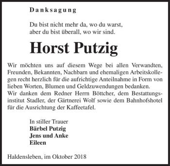 Traueranzeige von Horst Putzig  von Magdeburger Volksstimme