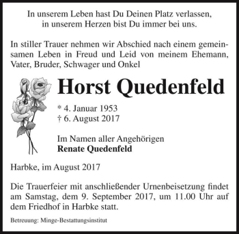 Traueranzeige von Horst Quedenfeld  von Magdeburger Volksstimme