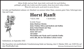 Traueranzeige von Horst Ranft  von Magdeburger Volksstimme