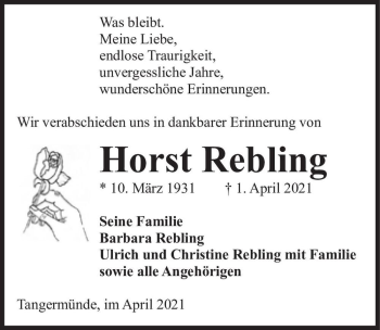 Traueranzeige von Horst Rebling  von Magdeburger Volksstimme