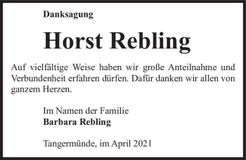 Traueranzeige von Horst Rebling  von Magdeburger Volksstimme