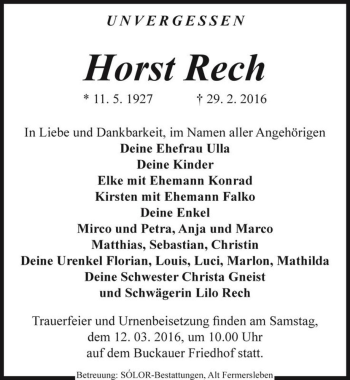 Traueranzeige von Horst Rech  von Magdeburger Volksstimme