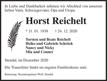 Traueranzeige von Horst Reichelt  von Magdeburger Volksstimme