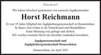 Traueranzeige von Horst Reichmann  von Magdeburger Volksstimme