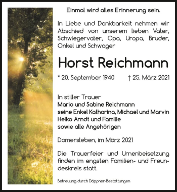 Traueranzeige von Horst Reichmann  von Magdeburger Volksstimme