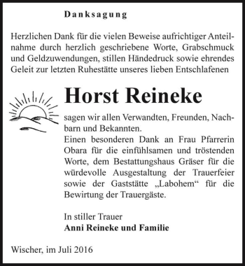 Traueranzeige von Horst Reineke  von Magdeburger Volksstimme