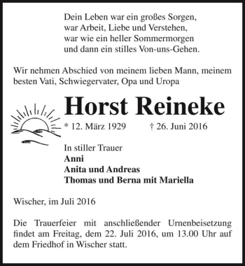 Traueranzeige von Horst Reineke  von Magdeburger Volksstimme