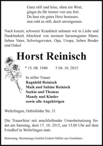 Traueranzeige von Horst Reinisch  von Magdeburger Volksstimme
