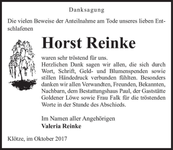 Traueranzeige von Horst Reinke  von Magdeburger Volksstimme