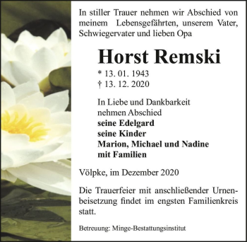Traueranzeige von Horst Remski  von Magdeburger Volksstimme