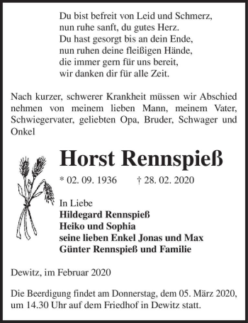 Traueranzeige von Horst Rennspieß  von Magdeburger Volksstimme