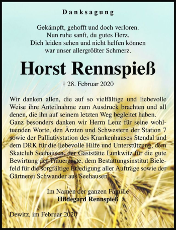 Traueranzeige von Horst Rennspieß  von Magdeburger Volksstimme