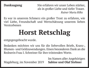 Traueranzeige von Horst Retschlag  von Magdeburger Volksstimme