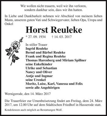 Traueranzeige von Horst Reuleke  von Magdeburger Volksstimme