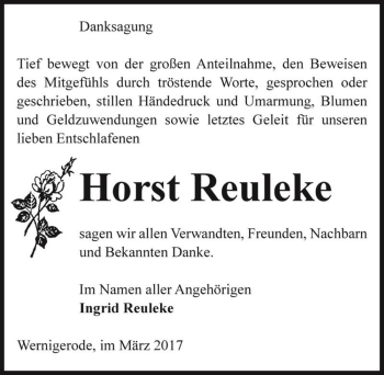 Traueranzeige von Horst Reuleke  von Magdeburger Volksstimme