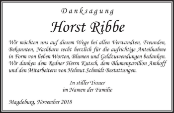 Traueranzeige von Horst Ribbe  von Magdeburger Volksstimme