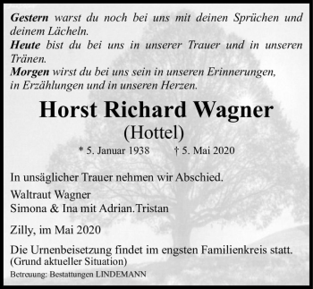 Traueranzeige von Horst Richard Wagner (Hottel)  von Magdeburger Volksstimme