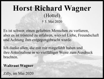 Traueranzeige von Horst Richard Wagner (Hottel)  von Magdeburger Volksstimme