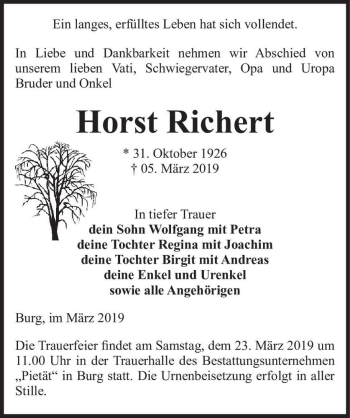 Traueranzeige von Horst Richert  von Magdeburger Volksstimme