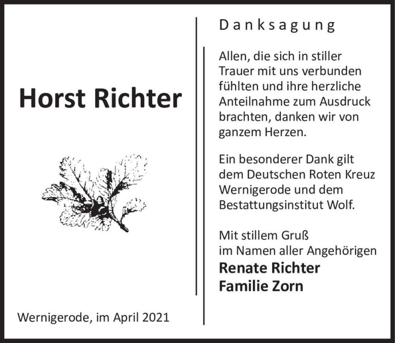  Traueranzeige für Horst Richter  vom 08.05.2021 aus Magdeburger Volksstimme