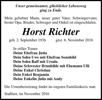 Traueranzeige von Horst Richter  von Magdeburger Volksstimme