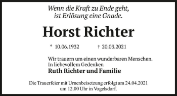 Traueranzeige von Horst Richter  von Magdeburger Volksstimme