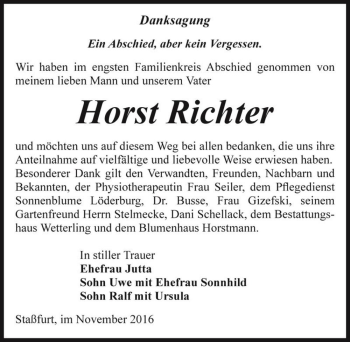 Traueranzeige von Horst Richter  von Magdeburger Volksstimme