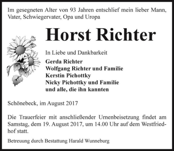 Traueranzeige von Horst Richter  von Magdeburger Volksstimme